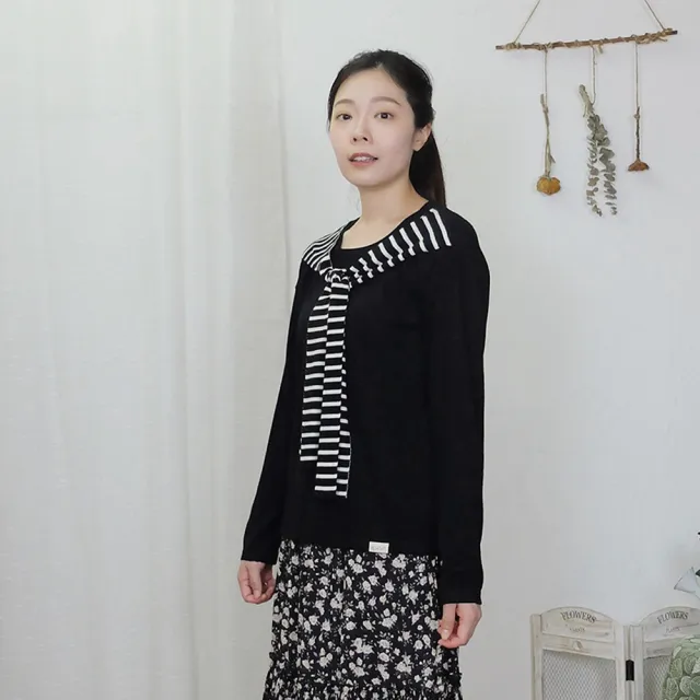 【Hana Mokuba】花木馬日系女裝層次條紋綁帶領片針織上衣(針織衫)