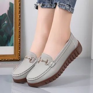 【LOVE FOOT 樂芙】真皮樂福鞋 圓頭樂福鞋/真皮百搭馬銜扣飾造型小圓頭休閒鞋 樂福鞋(灰)