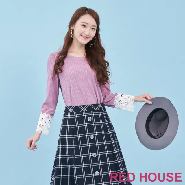 【RED HOUSE 蕾赫斯】素雅條紋蕾絲袖上衣(粉色)