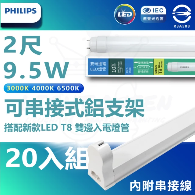 【Philips 飛利浦】20入組 T8 LED燈管 2尺 9.5W 附鋁支架組(白光/中性光/黃光 內附串接線)