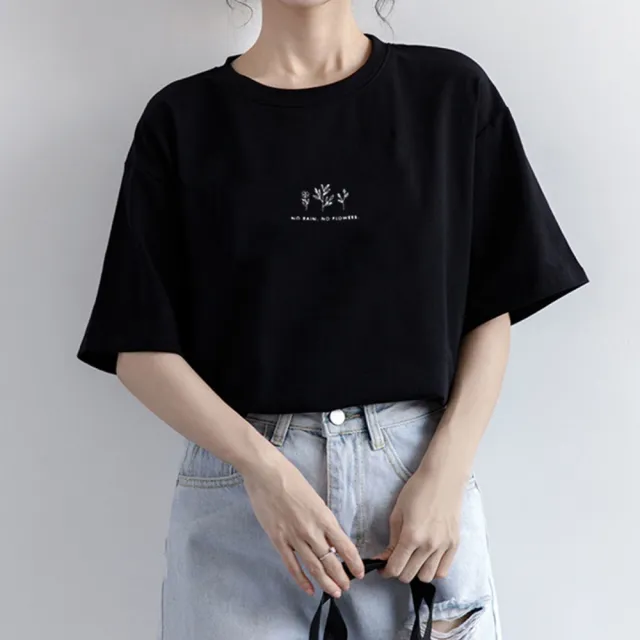 【D.studio】韓版寬鬆文青風圖案短袖上衣(短袖t恤 女裝 顯瘦上衣 衣服 寬鬆上衣 素T T505)