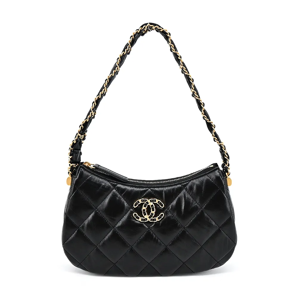 【CHANEL 香奈兒】19 Hobo Bag經典雙C LOGO菱格紋小牛皮手提/肩背包(黑色-AS4422 B14315 94305)