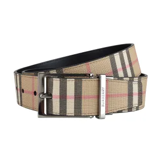 【BURBERRY 巴寶莉】BURBERRY經典LOGO環保帆布男士雙面釦式皮帶(寬版/格紋典藏米)