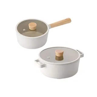 【NEOFLAM】FIKA 陶瓷塗層鍋具2件組 22cm雙耳湯鍋+18cm單柄鍋(贈 韓國Woody Pink隔熱墊乙組)