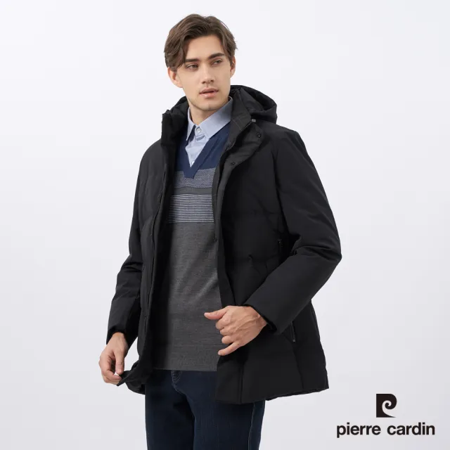 【pierre cardin 皮爾卡登】男款 都會休閒連帽羽絨夾克外套-黑色(5235774-99)