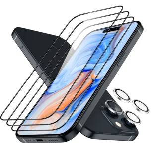 【ESR 億色】iPhone 15 Plus 特級滿版黑邊高清鋼化玻璃保護貼3片裝 贈貼膜神器1入+獨立鏡頭膜2組