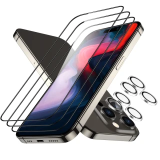 【ESR 億色】iPhone 15 Pro Max 特級滿版黑邊高清鋼化玻璃保護貼3片裝 贈貼膜神器1入+獨立鏡頭膜2組