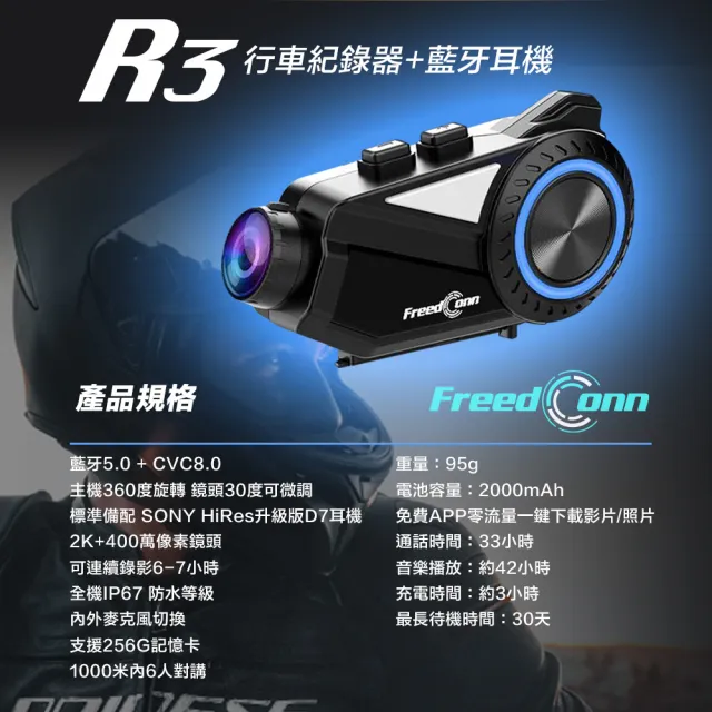 【FreedConn】R3 行車記錄器藍牙耳機 旗艦機2K 400萬畫素(錄影/抓拍/WIFI/收音機/音樂分享/藍牙對講)