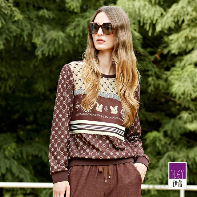 ILEY 伊蕾 交錯縷空燙鑽羊毛針織上衣(深咖；M-L；12