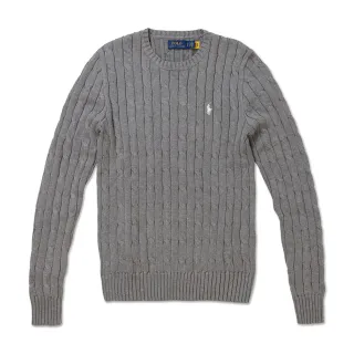 【RALPH LAUREN】RL POLO 經典圓領刺繡小馬麻花針織毛衣 上衣-女-灰綠色(平輸品/)