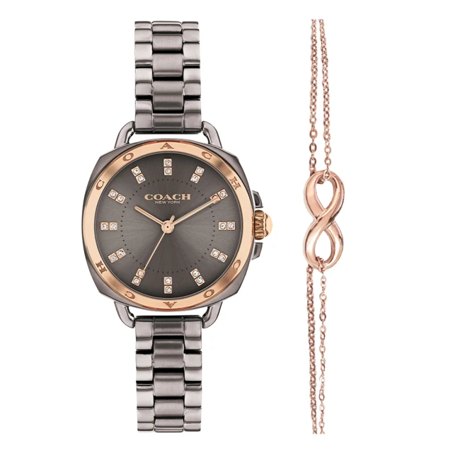 COACHCOACH 玫瑰金LOGO錶圈 灰色款 晶鑽刻度 小錶徑腕錶 不鏽鋼錶帶 28mm 女錶(14504155)