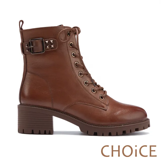 【CHOiCE】率性皮帶釦環真皮綁帶短靴(棕色)