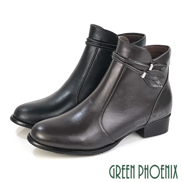 【GREEN PHOENIX 波兒德】女靴 短靴 馬靴 全真皮 低跟 鑽飾枝葉 台灣製(咖啡、黑色)