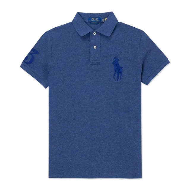 【RALPH LAUREN】RL POLO 經典刺繡大馬短袖POLO衫 上衣-麻花灰藍色(CUSTOM SLIM FIT/平輸品/)