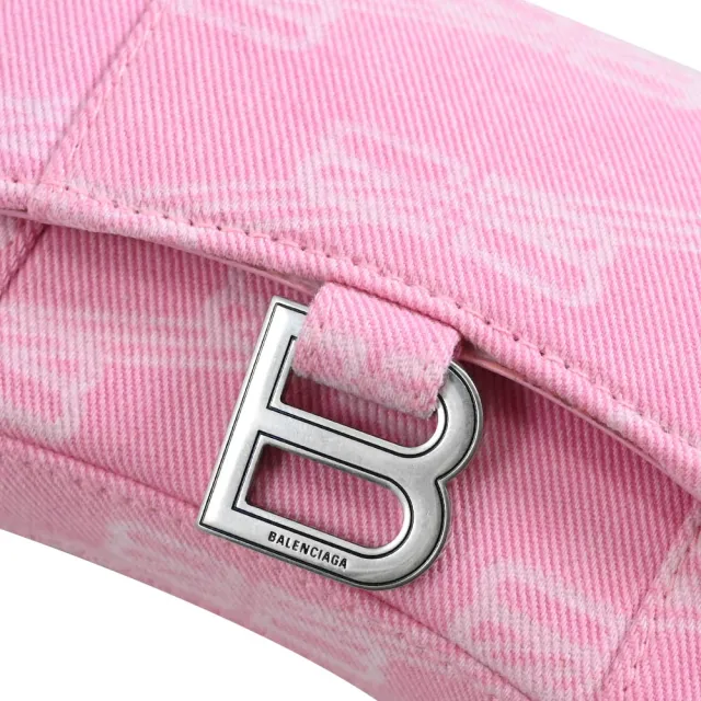 【Balenciaga 巴黎世家】Hourglass XS 金屬B字LOGO緹花帆布拼接鍊包斜背包(粉)