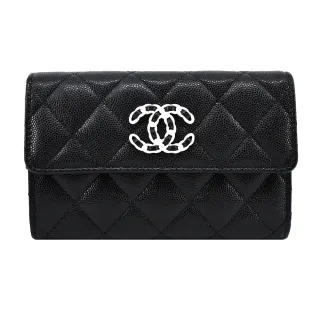 【CHANEL 香奈兒】新款經典LOGO菱格紋小牛皮中夾(黑色-AP3714 B14928 94305)