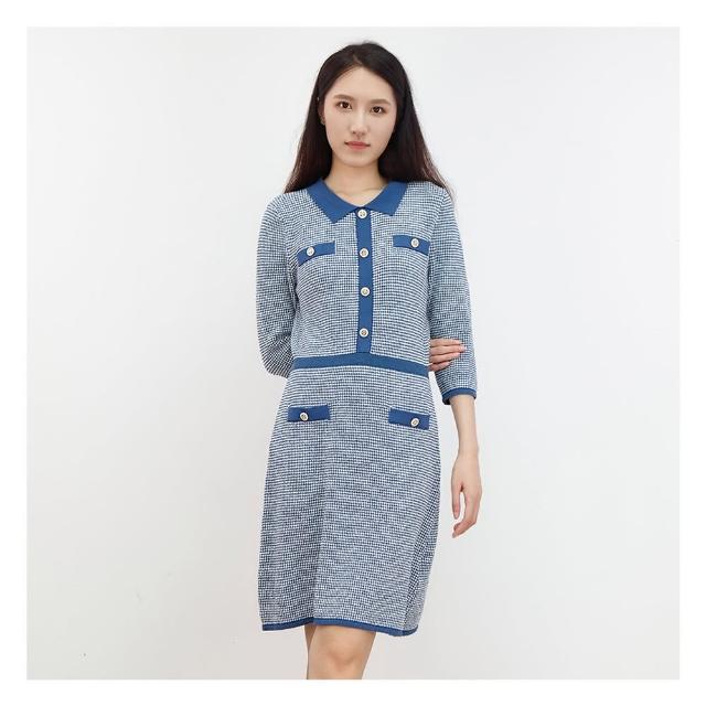 【JESSICA】出清品 法式優雅精緻修身翻領針織洋裝J30430（藍）