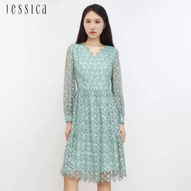 【JESSICA】法式浪漫刺繡蕾絲V領透膚長袖洋裝J30526