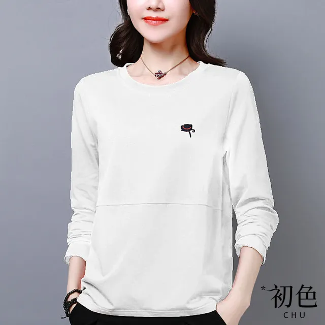 【初色】簡約純色圓領拼接帽子刺繡長袖T恤上衣女上衣-共5色-32228(M-2XL可選)