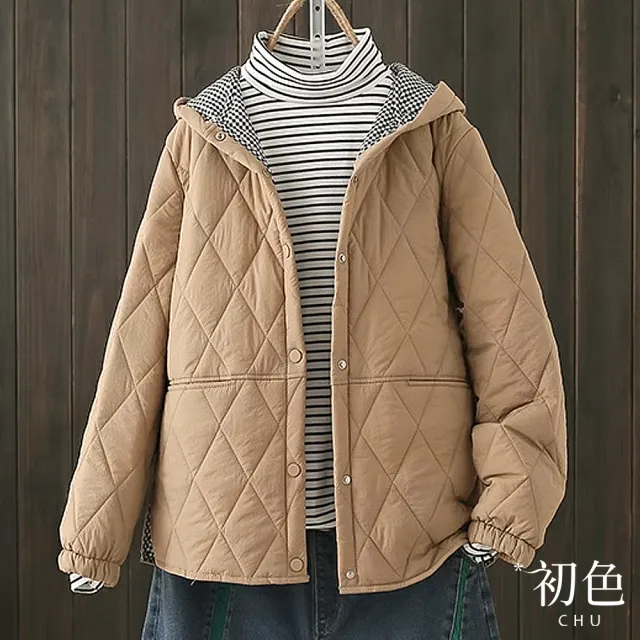 【初色】簡約菱格紋顯瘦加厚連帽鋪棉大衣外套休閒外套-共2色-32242(M-2XL可選)
