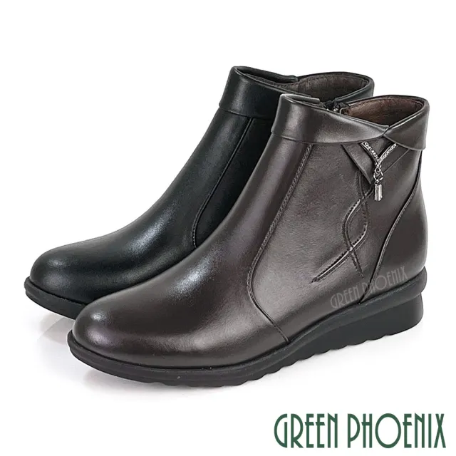 【GREEN PHOENIX 波兒德】女靴 短靴 馬靴 全真皮 小坡跟 水鑽 翻領 台灣製(咖啡、黑色)