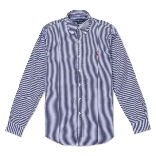 【RALPH LAUREN】RL POLO 經典刺繡小馬長袖襯衫 上衣-深藍白直條紋色(CLASSIC/FIT///平輸品)