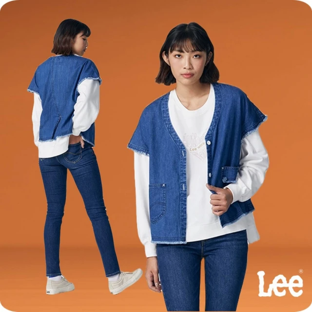 Lee 女裝 牛仔外套 短袖抽鬚V領 外搭 中藍洗水 季節性版型(LB316003M25)