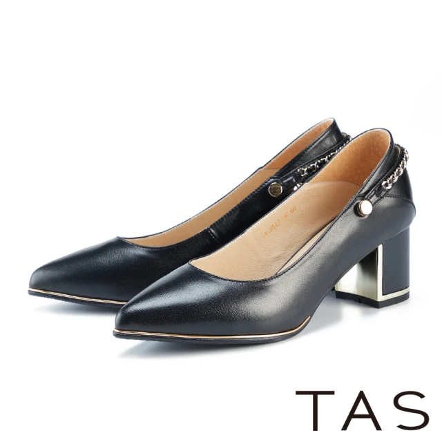 TAS 串鍊飾條兩穿尖頭中跟鞋(黑色)評價推薦