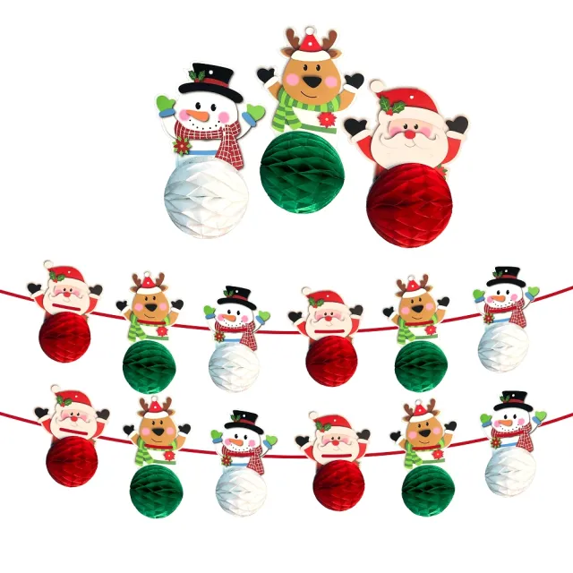 【摩達客】耶誕-聖誕歡樂紅綠耶誕人物小圓彩球拉條串旗吊飾(兩入組)