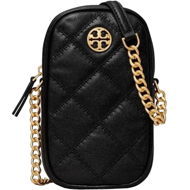 TORY BURCH Willa黑色皮革菱格紋圓標TB LOGO斜背手機包