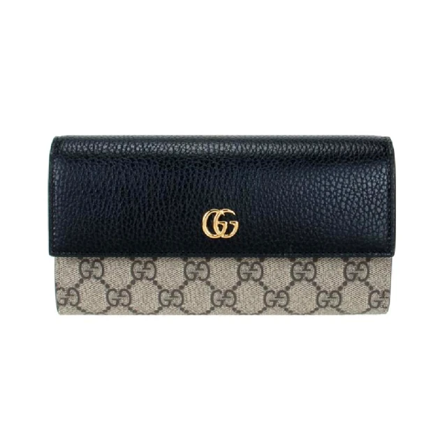 GUCCI 古馳 456116 經典Petite Marmont 皮革拼接帆布翻蓋長夾(黑色)