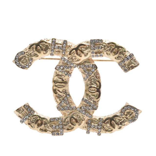 CHANEL 香奈兒 經典字母LOGO水鑽鑲飾雙C LOGO造型胸針(金色AB8019-OR)
