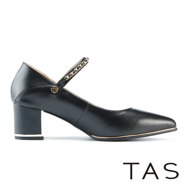 【TAS】串鍊飾條兩穿尖頭中跟鞋(黑色)