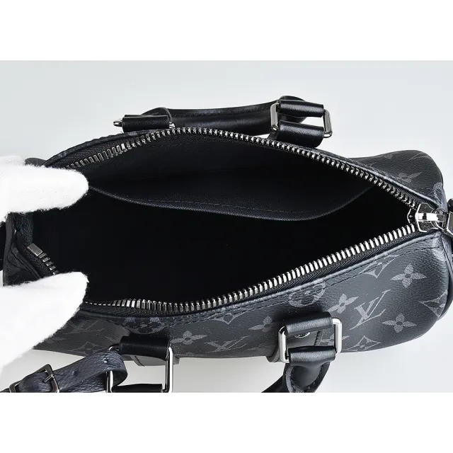 【Louis Vuitton 路易威登】LV M46271 KEEPALL縮寫LOGO印花Eclipse塗層帆布拉鍊手提斜背包(灰黑)