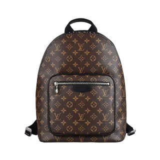 【Louis Vuitton 路易威登】LV M45349 JOSH標籤LOGO印花Macassar塗層帆布搭牛皮飾邊拉鍊後背包(咖啡x黑)