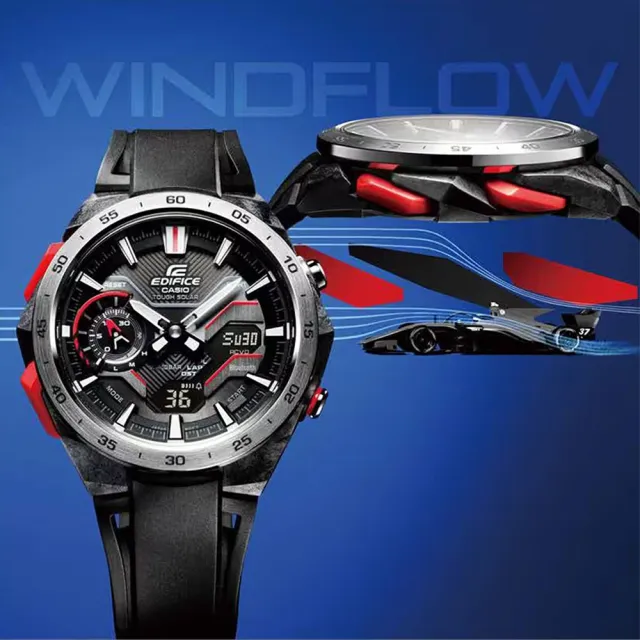 【CASIO 卡西歐】EDIFICE WINDFLOW 藍牙連線 奔騰氣流 太陽能賽車雙顯腕錶 母親節 禮物(ECB-2200P-1A)