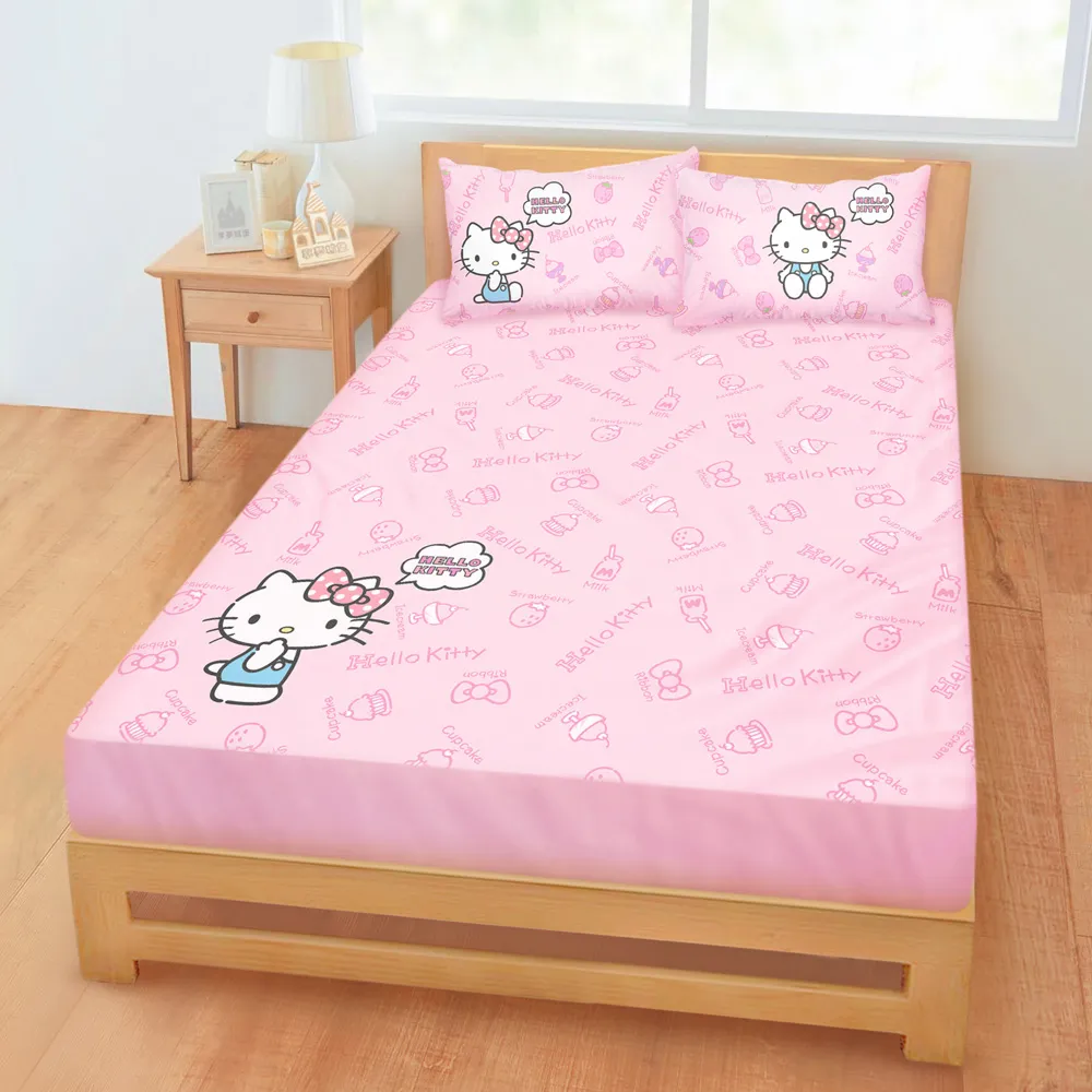 【享夢城堡】雙人床包枕套5x6.2三件組(HELLO KITTY 幸福小食光-粉)