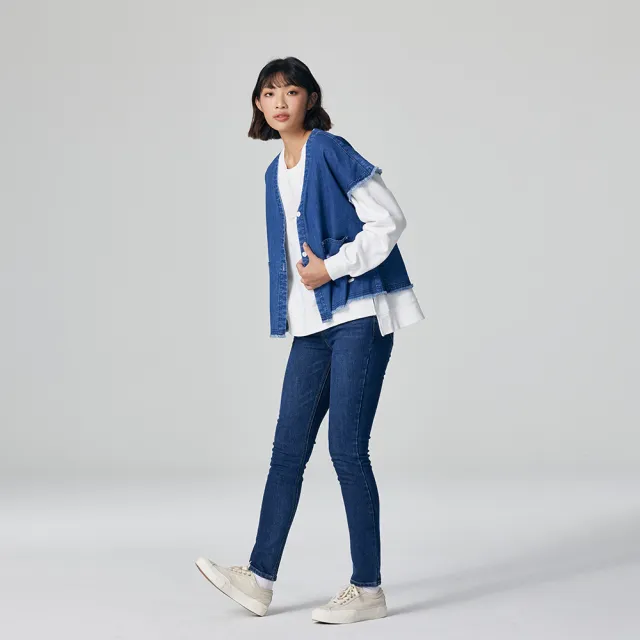 【Lee】女裝 牛仔外套 短袖抽鬚V領 外搭 中藍洗水 季節性版型(LB316003M25)
