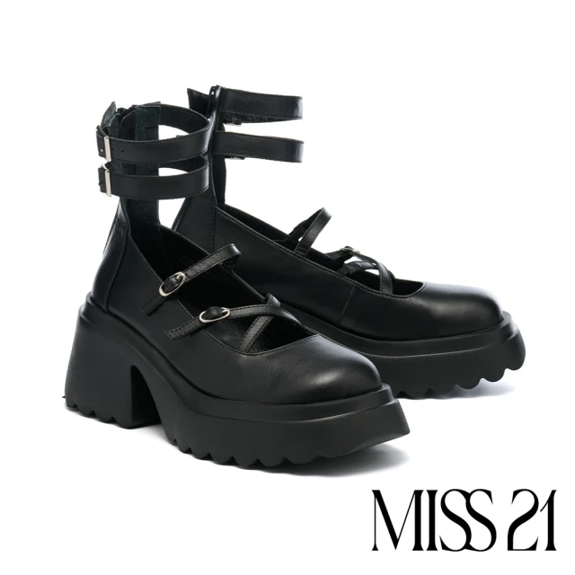 MISS 21 未來暗黑交叉軟牛皮踝帶瑪莉珍高跟大頭厚底鞋(