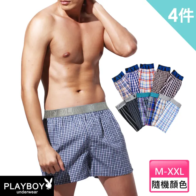 【PLAYBOY】//3+1件LOGO織帶格紋五片式四角褲-速(純棉/有開襠/四角內褲/男內褲)