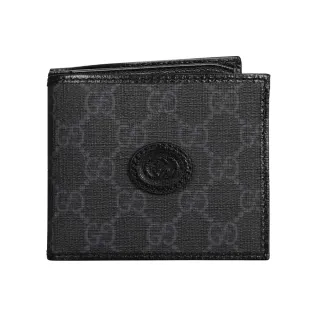 【GUCCI 古馳】671652 新款Interlocking G系列皮雕LOGO中性款對開短夾(黑色-8卡)