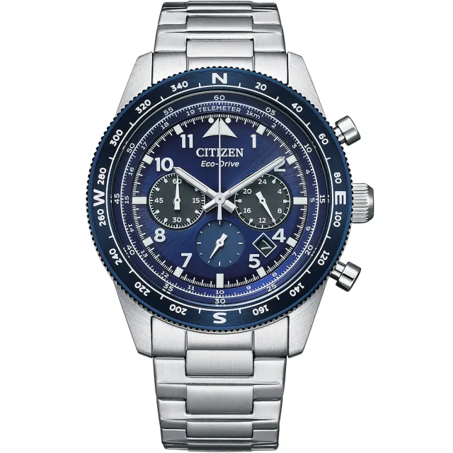 【CITIZEN 星辰】光動能航空三眼計時手錶-藍 送行動電源 畢業禮物(CA4554-84L)