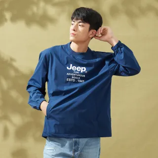 【JEEP】男裝 品牌LOGO防潑水口袋長袖T(深藍)
