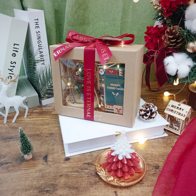 KIRA與花花藝 聖誕樹蠟燭×永生聖誕樹LED玻璃罩 交換禮物盒 /聖誕紅(附燭台、LED燈/聖誕禮物/聖誕節)