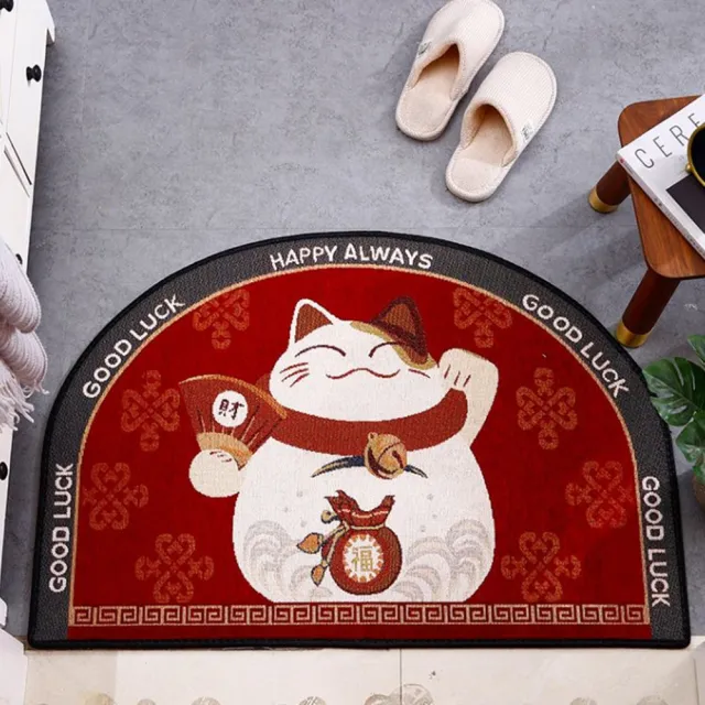 【JEN】日式半圓形緹花客廳玄關臥室地毯地墊50*80cm紅色招財貓