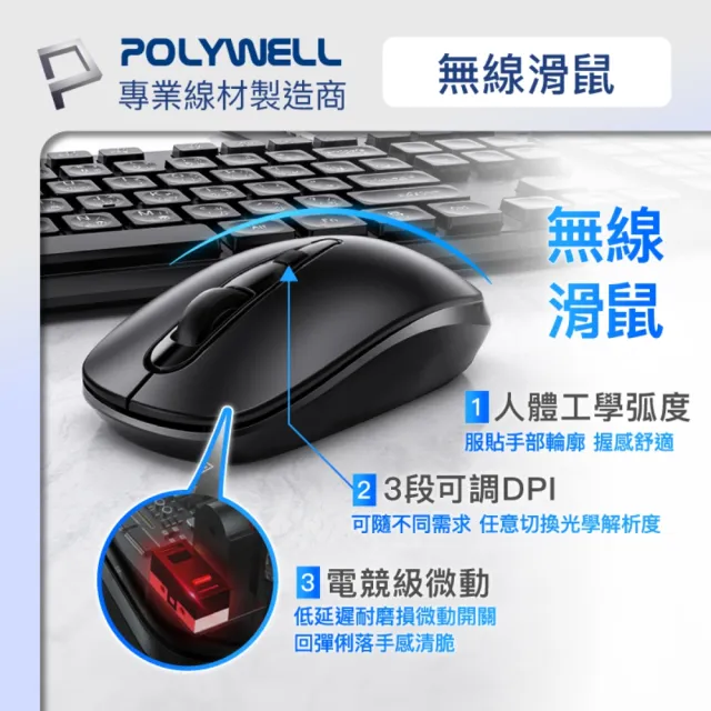 【POLYWELL】無線鍵盤滑鼠組 2.4Ghz /黑色
