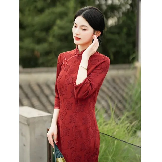 【糖潮】玩美衣櫃中式紅色緹花修身改良開衩旗袍洋裝M-4XL