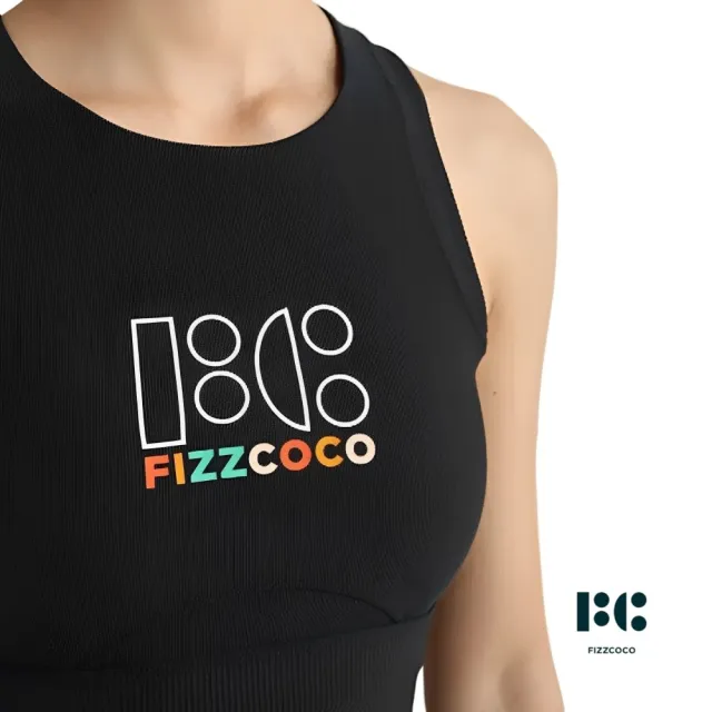 【FIZZCOCO】現貨14 經典logo螺紋運動背心 一體式帶胸墊女健身長款內衣外穿瑜伽服上衣(黑色／髒髒橘)
