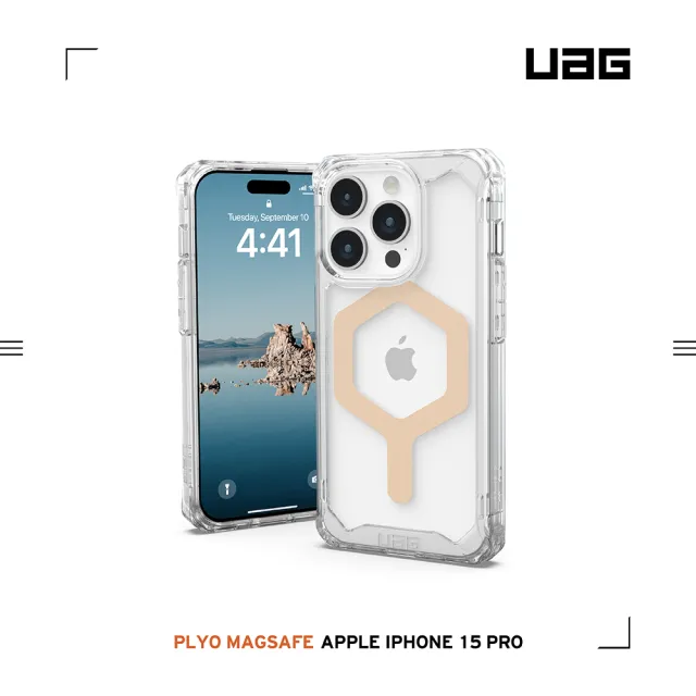 【UAG】iPhone 15 Pro 磁吸式耐衝擊保護殼-極透明（金圈）(吊繩殼 有效抵擋UV紫外線 支援MagSafe功能)