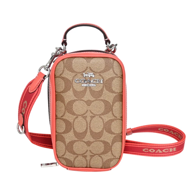 COACH PVC Logo字印背帶拉鍊直式斜背手機包(卡其橘邊)